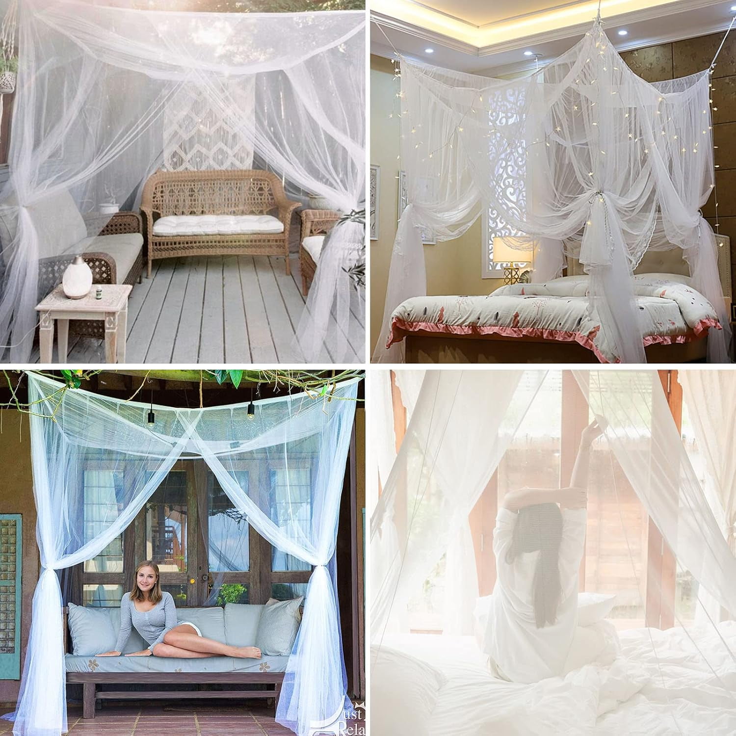 Square Bed Canopy Set, Decorative Elegant Bed Net Four Corner Post Canopy, Quick And Easy Installation For Single And Double Beds, White, 210 X 190 X 240 Cm