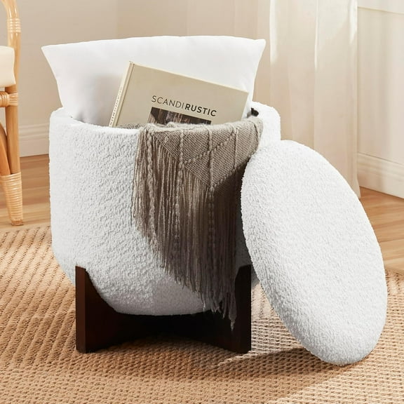 Ornavo Home Decor Round Ottoman with Storage, Boucle White Teddy Round Vanity Chair Stool Ottoman Pouf with Storage for Living Room and Bedroom