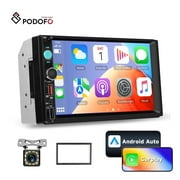 Podofo 7 inch Double Din Car Stereo IPS Touch Screen with Wireless CarPlay, Android Auto Online Video Mirror Link EQ Backup Camera+Frame