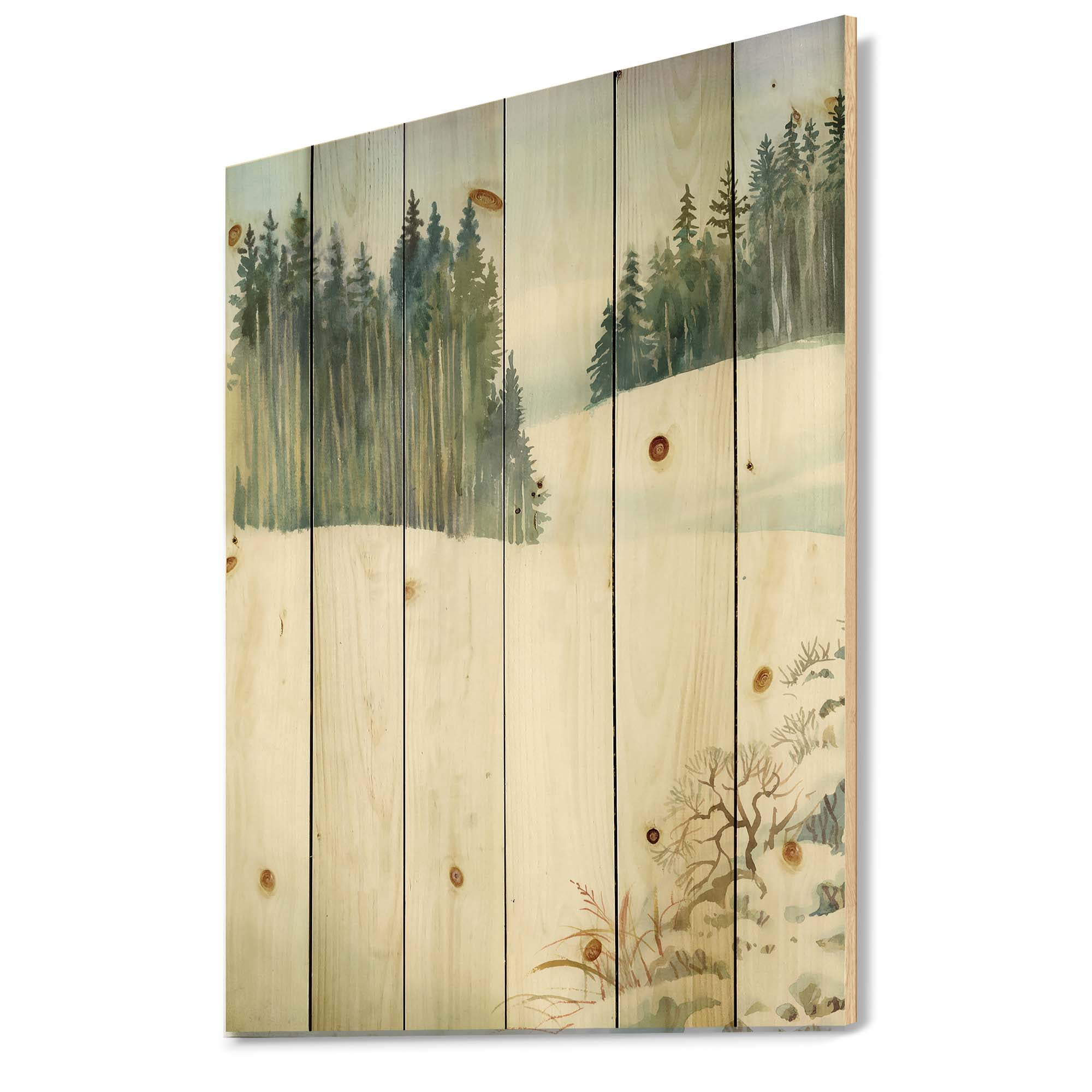 Designart 'Pine Forest In Snowy Winter Mountains' Traditional Print on Natural Pine Wood