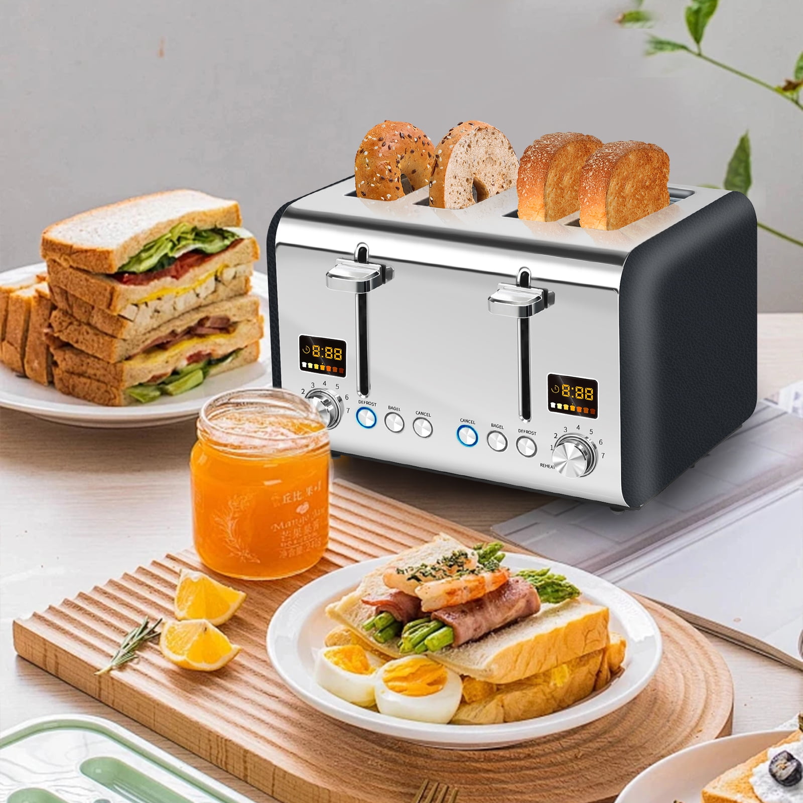 Toaster 4 Slice, Stainless Steel Bread Toaster with 2 Colorful LCD Display, 7 Shade Settings,1800W, Dark Chocolate