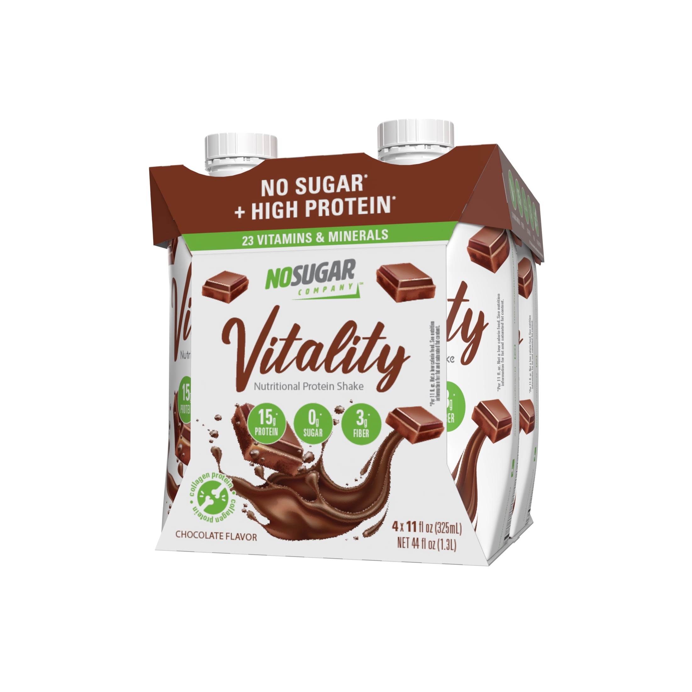 (2 pack) No Sugar Company Vitality Ready to Drink Nutritional Shake, Chocolate Flavor, 4 Count, 11 fl oz