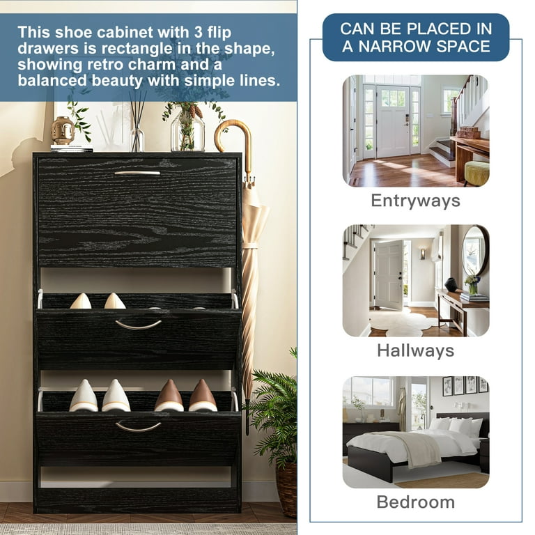 Entryway Shoe Storage Cabinet with 3 Flip Drawers Metal Door Shoe Cabinet  Organizer Mesh Door