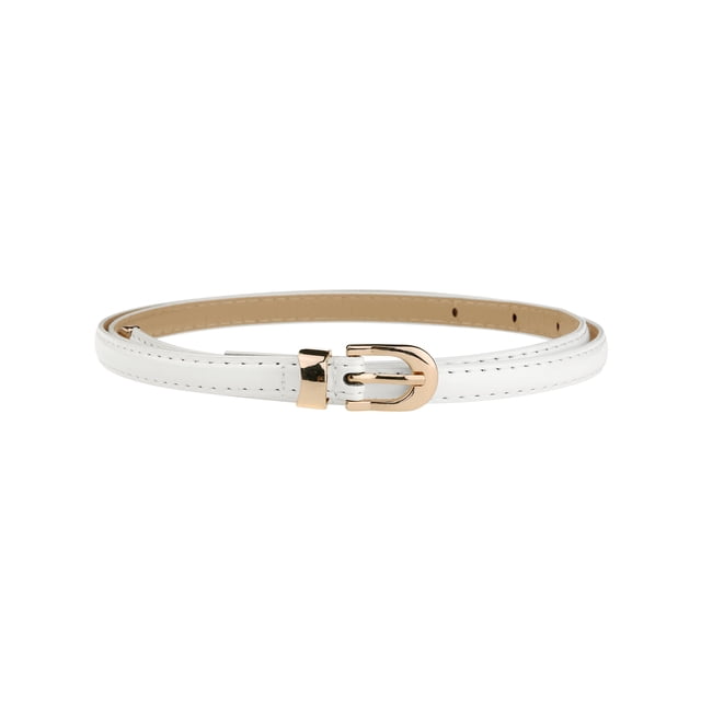 Cinturón delgado de PU para mujeres, cinturones de cintura delgada con hebilla de metal dorado blanco