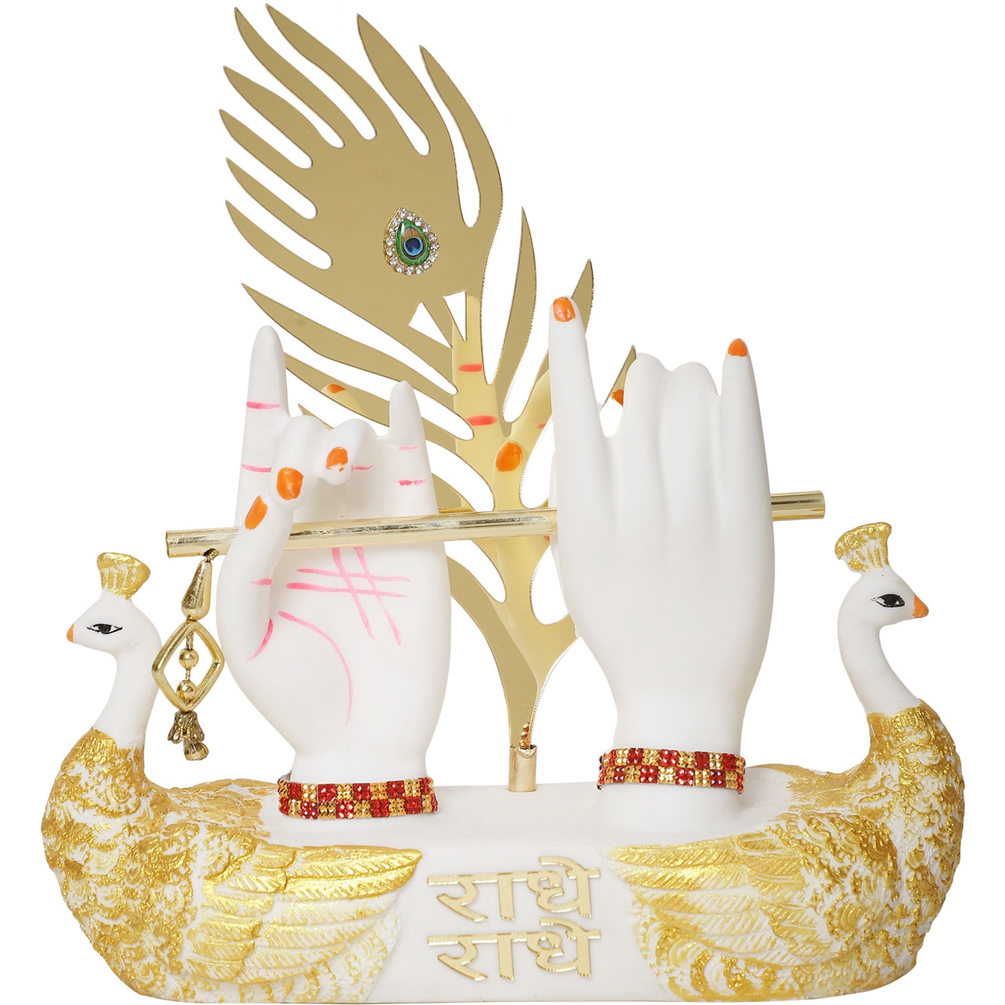 Krishna Hands with Flute Idol Divine Hand Statue with Peacock Feather White and Gold Decorative Figurine