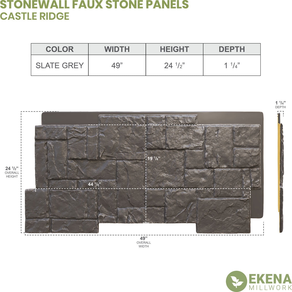 Ekena Millwork 49"W x 24.50"H x 1.25"D Castle Rock Stacked Stone, StoneWall Faux Stone Siding Panel, Slate Gray
