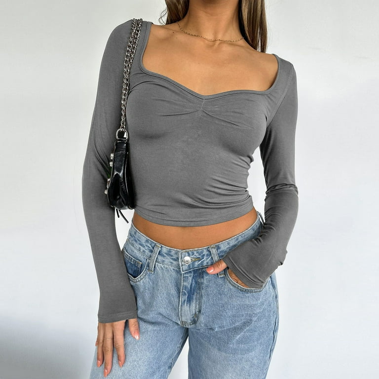 Mifelio Spring Tops for Women 2024 Womens Long Sleeve Crop Tops Cute Going Out Shirts Fall Fashion Outfits for Women Basics Clothing Womens Tops Grey S Walmart