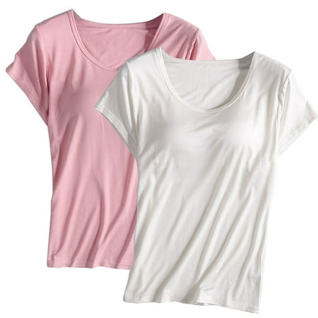 Wioihee Built-in Bra T-Shirt for Womens Padded Active Tops Short Sleeves Blouses Soft Pajama Casual Shirts for Workout Yoga Gym on Clearance Pink9 6(M)