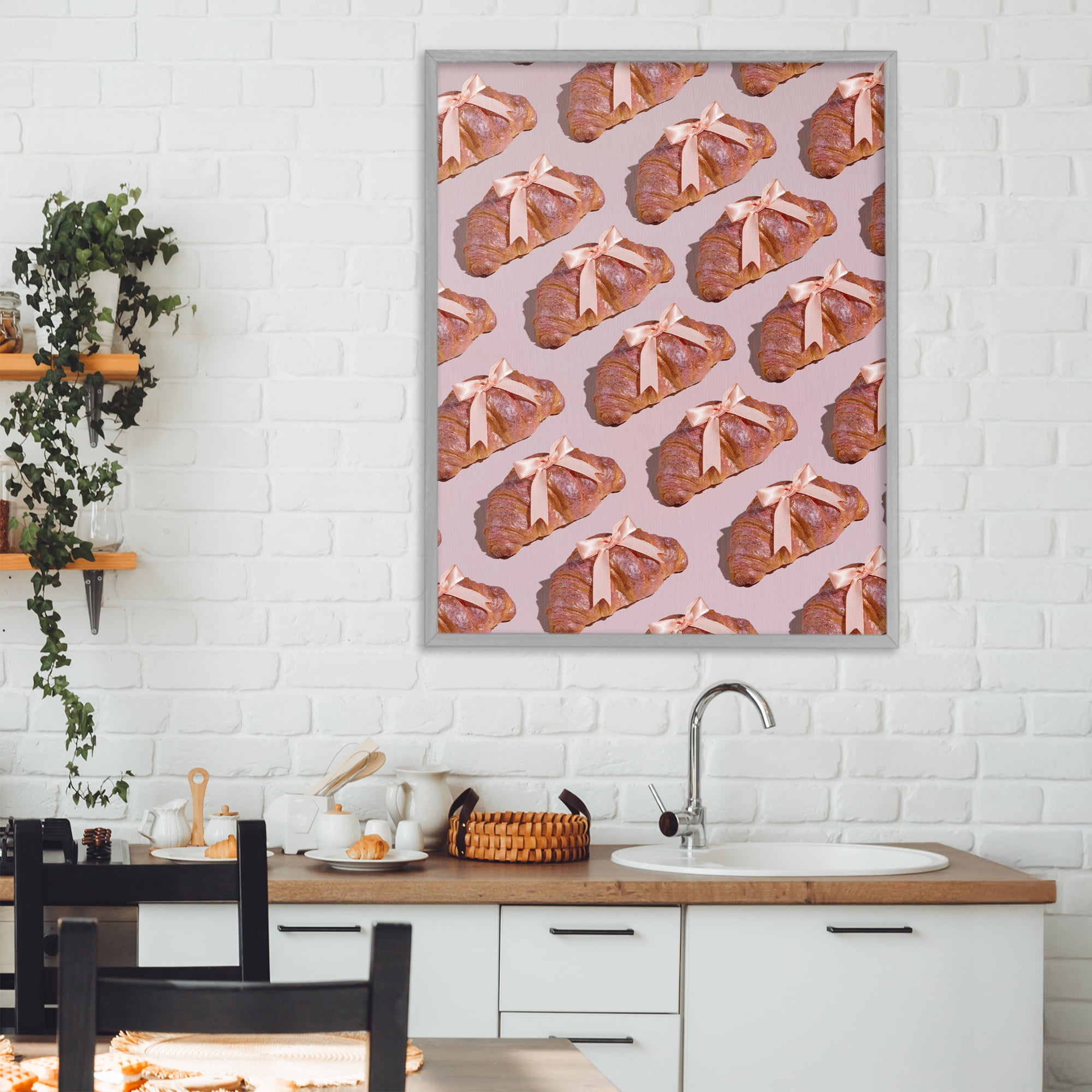 Stupell Industries Croissants with Ribbons Pattern Gray Framed Giclee Art, design by LISH Creative