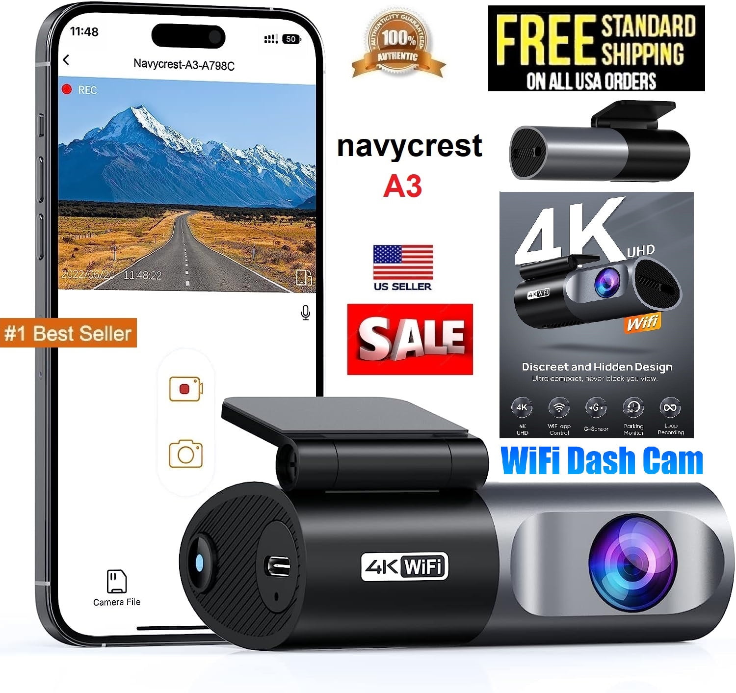 navycrest A3 4K WiFi 2160P Dash Camera for Cars, Cam Front Recorder