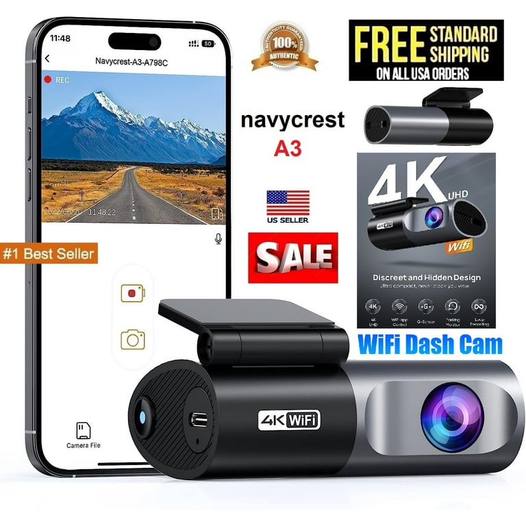 navycrest A3 4K WiFi 2160P Dash Camera for Cars, Cam Front Recorder with  App, 24 Hours Parking Mode, G-Sensor, Night Vision, Loop Recording, Support
