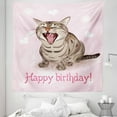 thumbnail image 1 of Cat Tapestry, Funny Cat Sings a Greeting Song on Pink Color Backdrop with Hearts Flowers, Fabric Wall Hanging Decor for Bedroom Living Room Dorm, 5 Sizes, Pale Pink Brown, by Ambesonne, 1 of 1