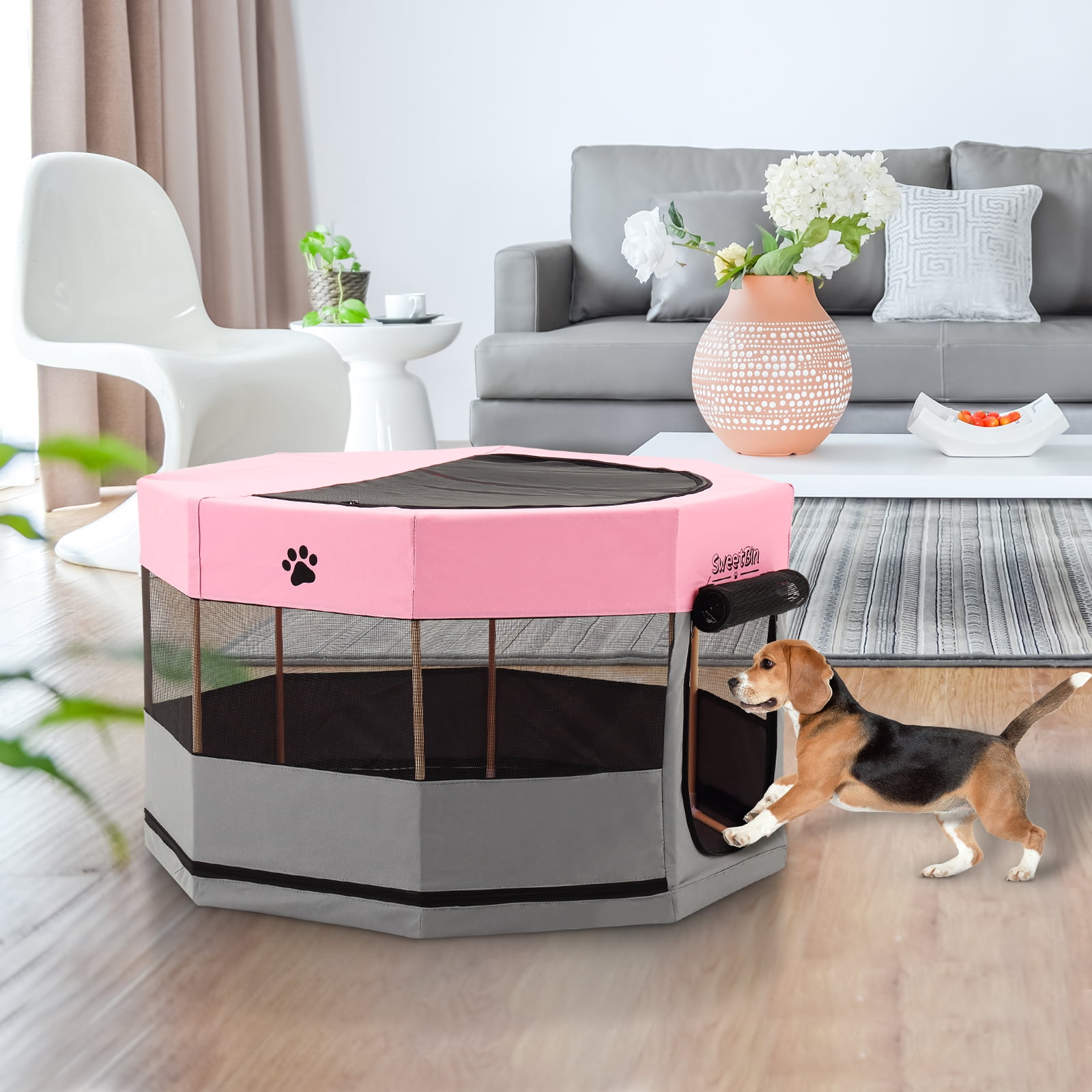 Medium Wood Frame Dog Playpen for Medium Dogs,Cat Playpen with Waterproof Bottom,Travel Pet Play Pen with Side Door for Puppies (36" x 36" x 23", Pink)