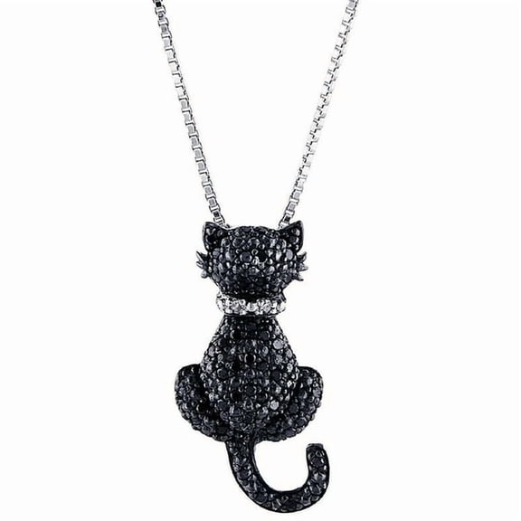 1Ct Lab Created Black & White Diamond Cat Pendant Necklace14K Gold Plated Silver