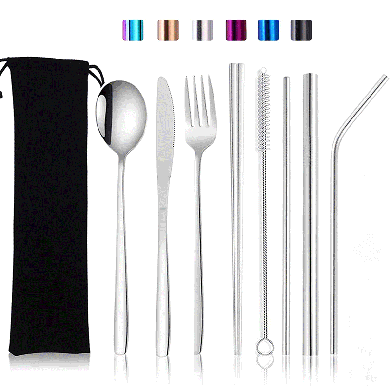 9 Pcs Travel Silverware Set with Case Reusable Camping Eating Utensils Set Portable Stainless