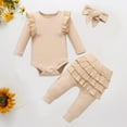 thumbnail image 2 of Gibobby Baby Girl Fall Winter Clothes Ruffle Long Seeve Romper Top and Bow Pants Set with Headband Newborn Girl Outfit(Beige,3-6 Months), 2 of 4