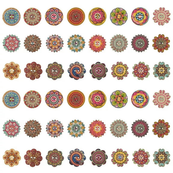 GRACEARA 300pcs Printed Wooden Buttons 2-Hole Mixed Pattern Colorful Flower Sewing 20mm