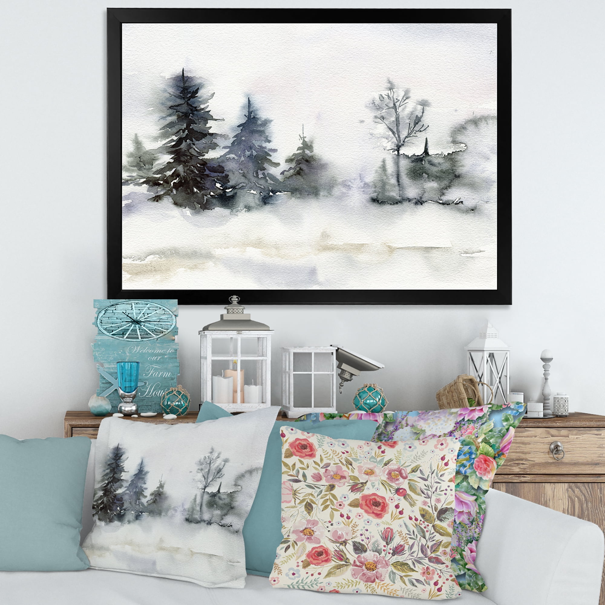 Designart 'Christmas Minimalistic Snow and Forest Landscape' Lake House Framed Art Print