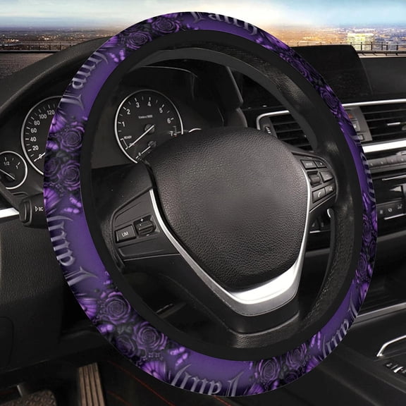 Car Steering Wheel Cover for Women Men Non-Slip Breathable Steering Wheel Gothic Purple Rose Butterfly Faith Steering Wheel Protector, Car Accessories, Universal 14" 02/2-15" Fit Auto, Suvs
