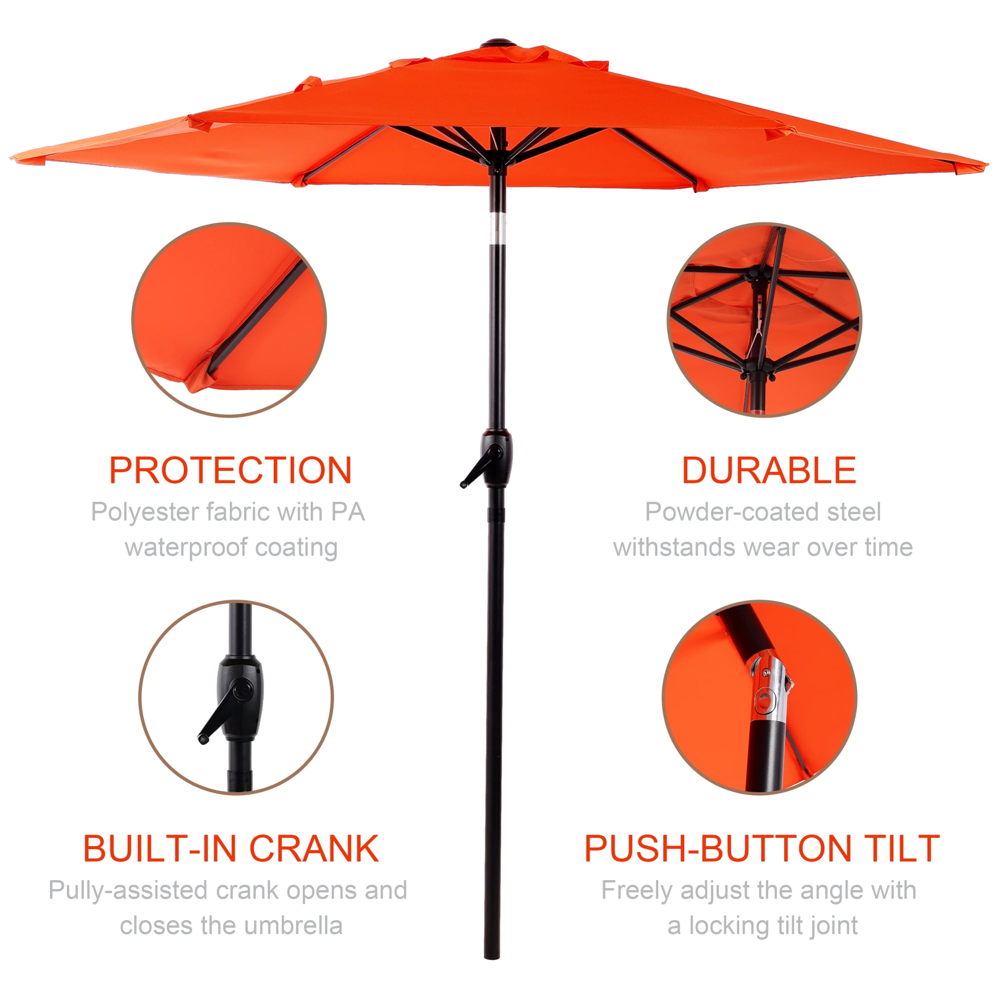 Leumius 7.5FT Patio Umbrella,Outdoor Market Yard Umbrella, Sun Shade Umbrella with Push Button Tilt and Crank Mechanism for Garden, Deck, Pool and Backyard, Not Include Umbrella Base,Orange