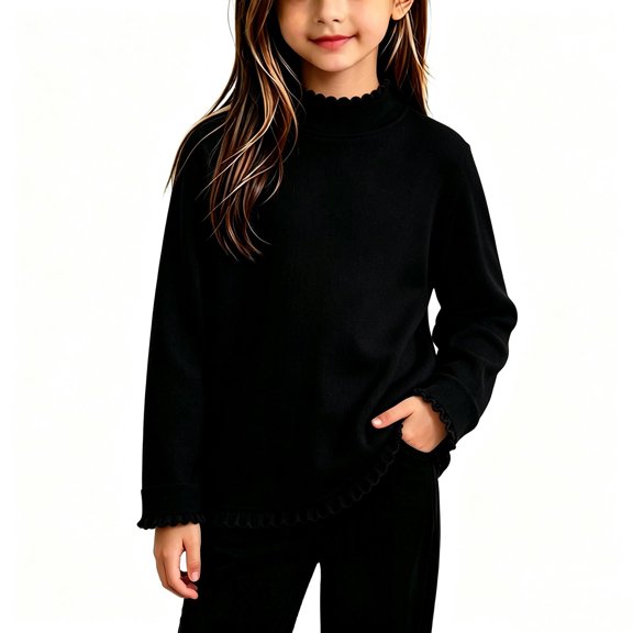 Resicozy Girls Long Sleeve Shirts Ribbed Tops Lettuce Trim T-Shirts, Crew Neck Basic Tees, Cute Teens Stretch Blouses, for Kids 2-12 Years Black 120