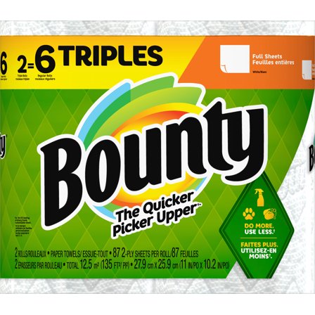 Bounty Full Sheet Paper Towels, White, 2 Triple Rolls - 6 Regular Rolls