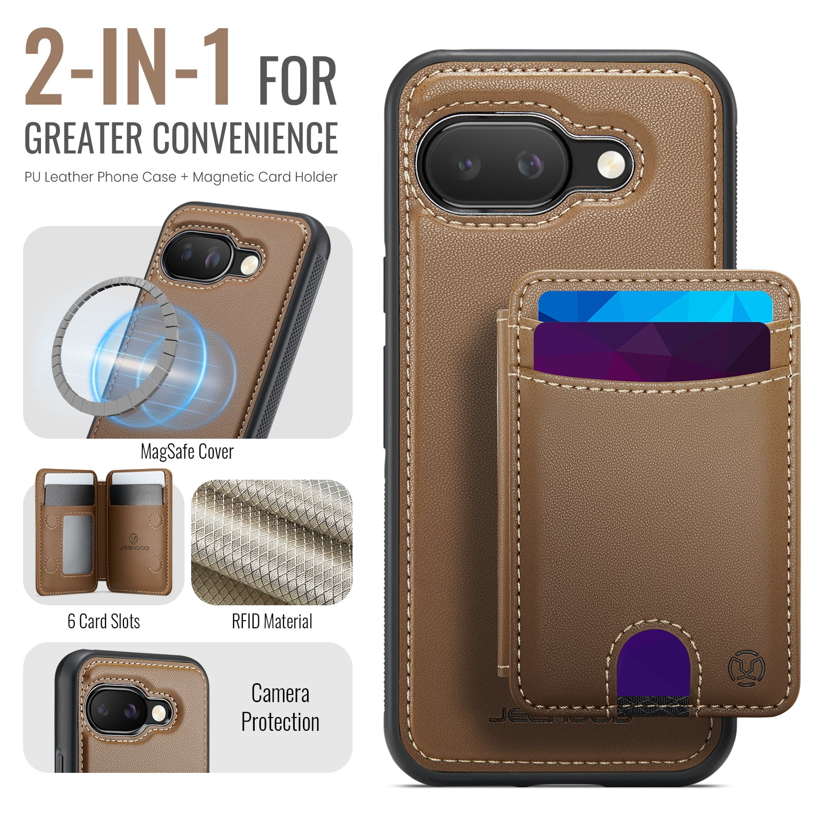 For Google Pixel 10A Phone Case,2-in-1 Magnetic Removable Flip Card Holder,Compatible With Mag-Safe,Anti-Scratch PU Leather,With Card Slots,Kickstand,Shockproof Durable Phone Case,Brown