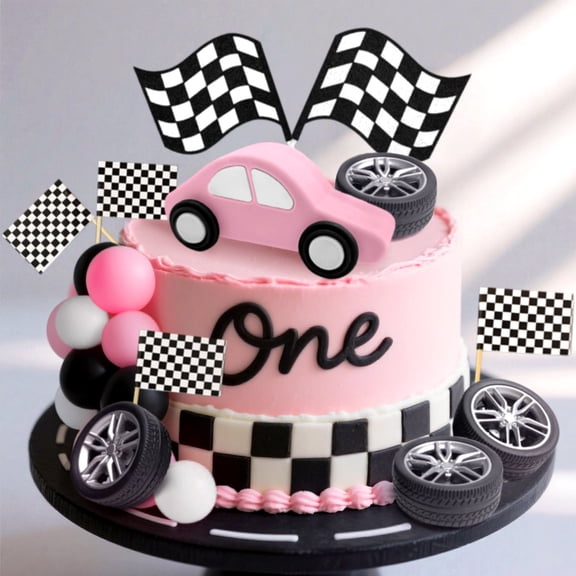 Pink Car Race Cake Decor Set - Cute Sporty Party Supplies