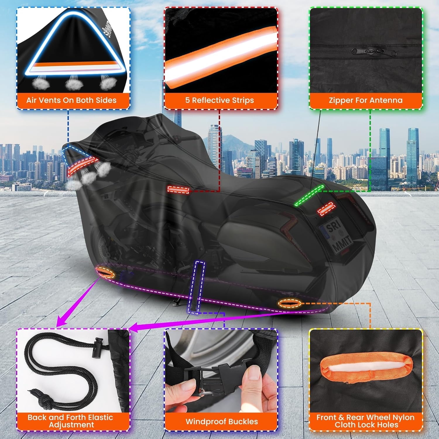 FFORCE Motorcycle Cover 420D Heavy-Duty Touring Model Waterproof UV-Resistant Outdoor Protective Cover Black XL - 110.24 x 37.8 x 54.33 inch