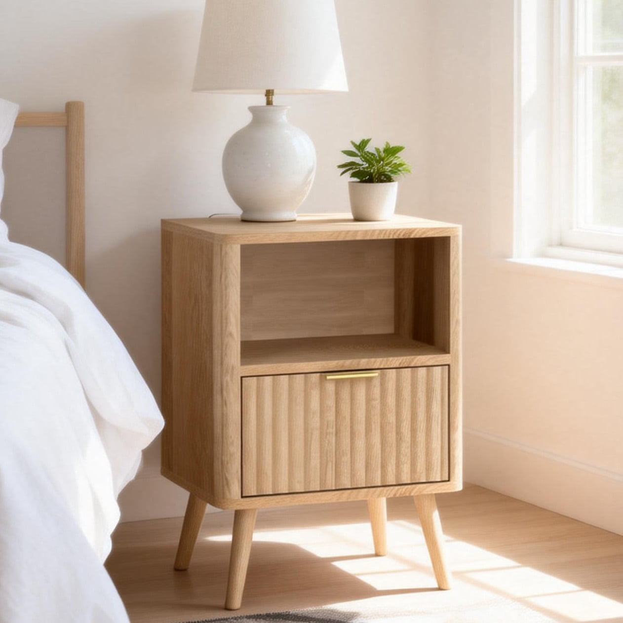 Ktaxon Fluted Nightstand with 1 Drawer, End Table Wooden Bedside Table Large Capacity Easy to Assemble, Oak