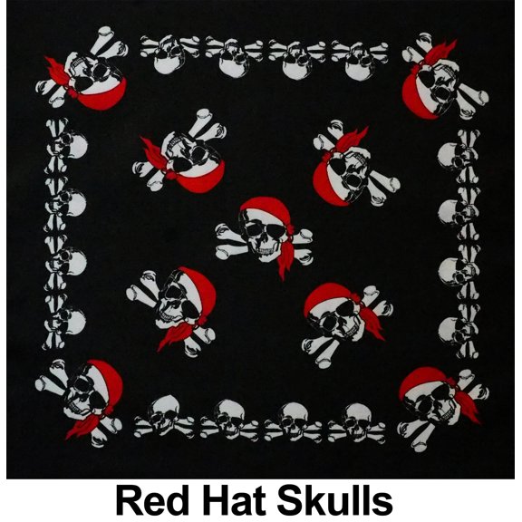Red Hat Pirate Skulls Design Print Cotton Bandana (22 inches x 22 inches)