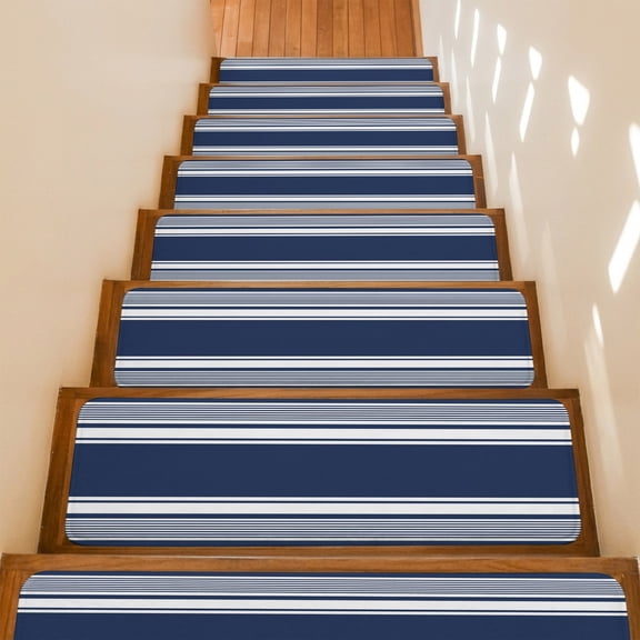 Navy Sage Striped Stair Treads Non Slip for Steps Modern Classic Stripe Rustic Country Farmhouse 10 Pcs Reusable Adhesive Stair Runner Mats for Dogs Elders Carpet Treads Rugs for Staircase 8x30 In