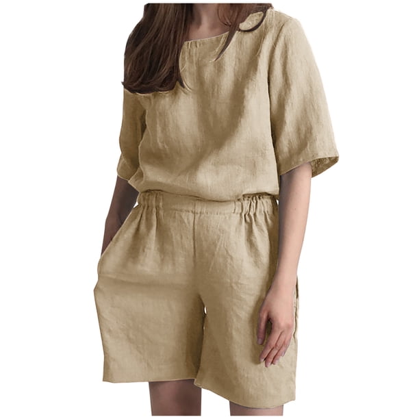 Moda mujer Casual verano sólido cuello redondo manga corta Top + pantalón corto conjunto Wmkox8yi bvn222