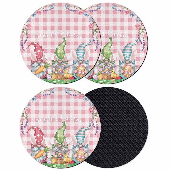 Easter Bunny Gnomes Coasters Set of 4, Absorbent Coasters for Drinks, Spring Easter Eggs Floral Pink Plaid Coaster for Desk Coffee Table Protection, Home Decor House Warming Gifts 4"