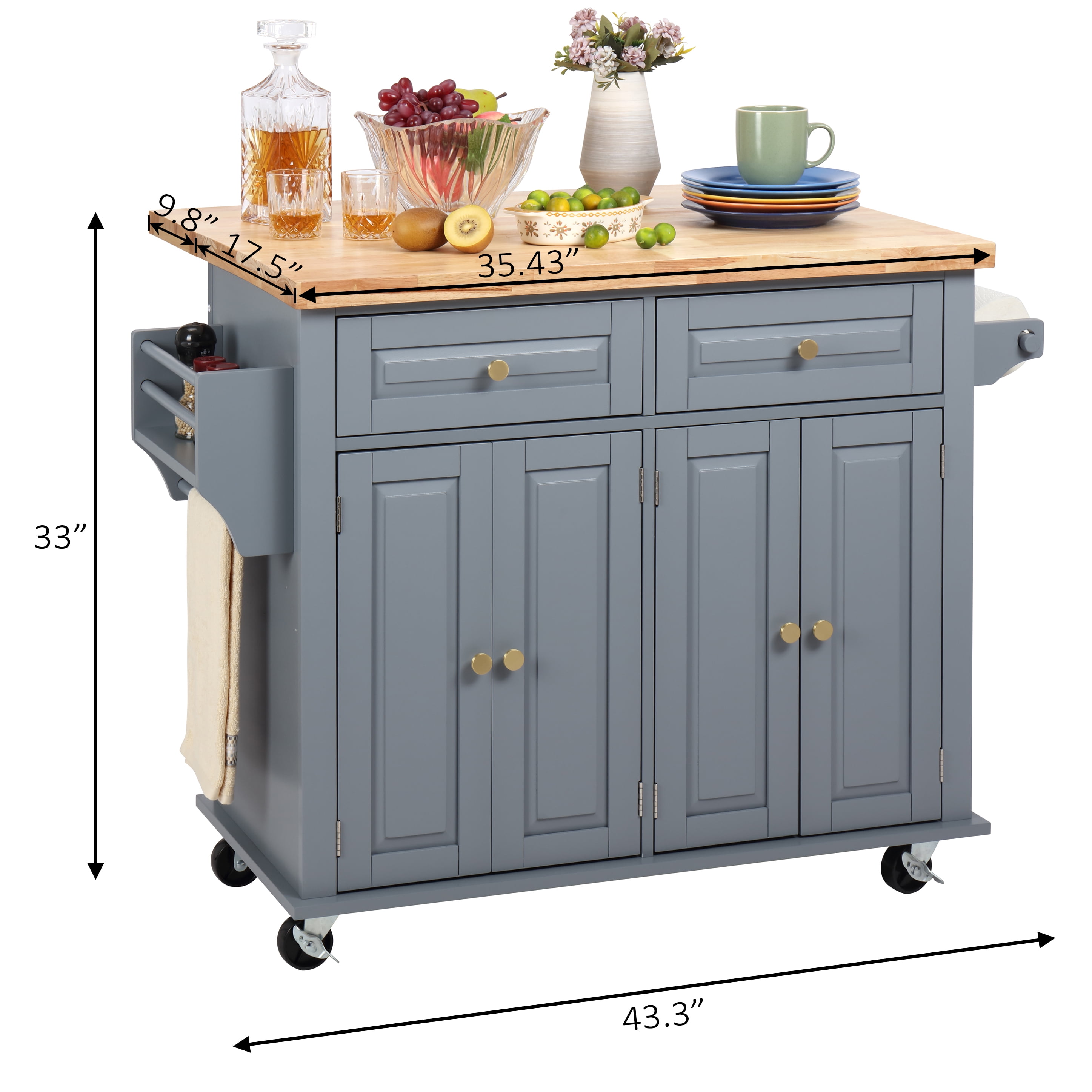 Finnhomy Rolling Kitchen Island with Drop Leaf, Thicken Rubberwood Top, 43.3-inch Portable Mobile Storage Cart