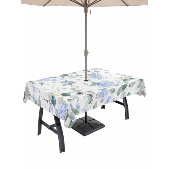 54x80 Inch Outdoor Tablecloth with Umbrella Hole Zipper Rectangle Blue Flower Rectangular Tablecloths Outside Waterproof Sage Green Eucalyptus Leaf Farmhouse Country Patio Table Cover for Picnic