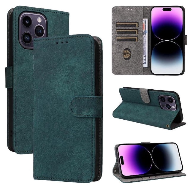 Phone Wallet Case for iPhone 15 Pro with Stand - Leather Folio Cover & Card Slots Green