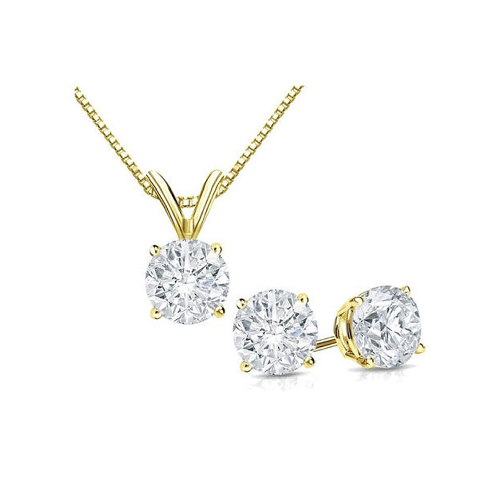 Paris Jewelry 18K Yellow Gold Round 1ct White Sapphire Round 18 Inch Necklace and Earrings Set Plated By Paris Jewelry