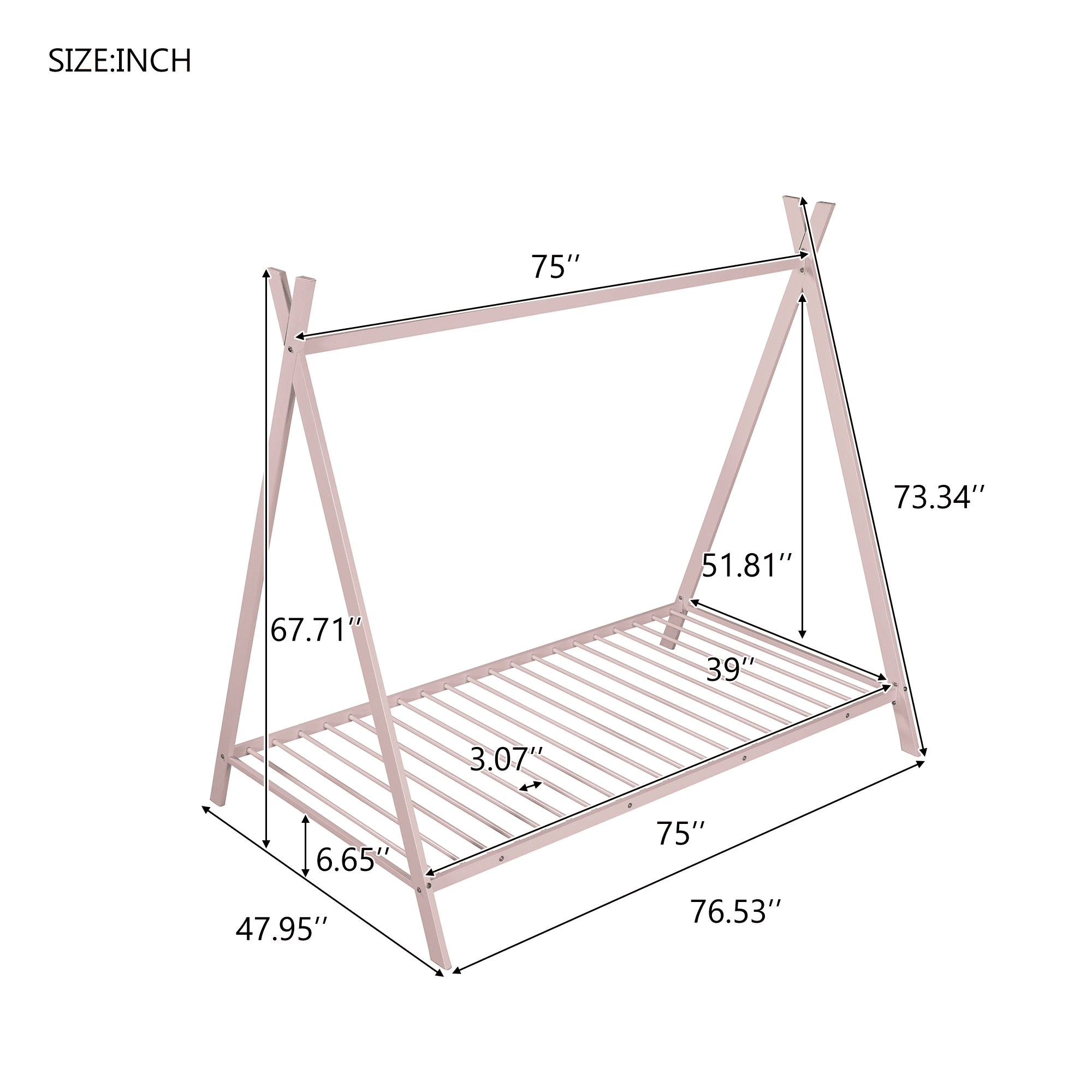 Gewnee Twin Size Metal Tent Bed Floor House Bed with with x-Shaped Frame for Kids,Pink