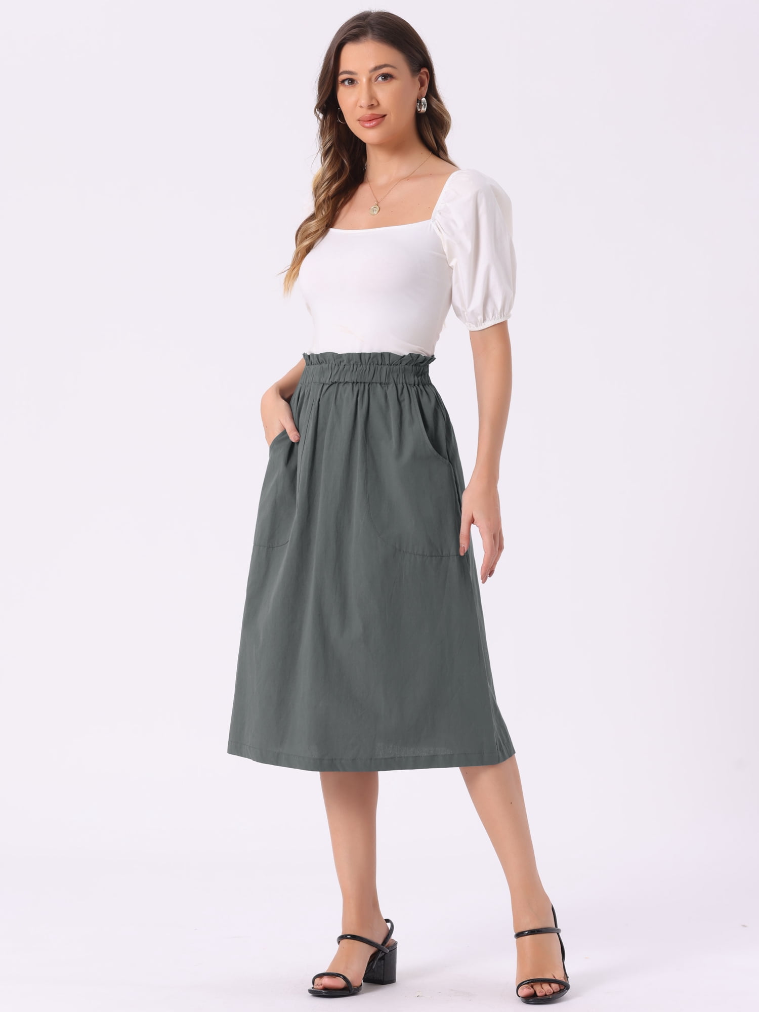 DARING DIVA Women's Cotton A-Line Midi Skirt with Pockets XS Dark Gray