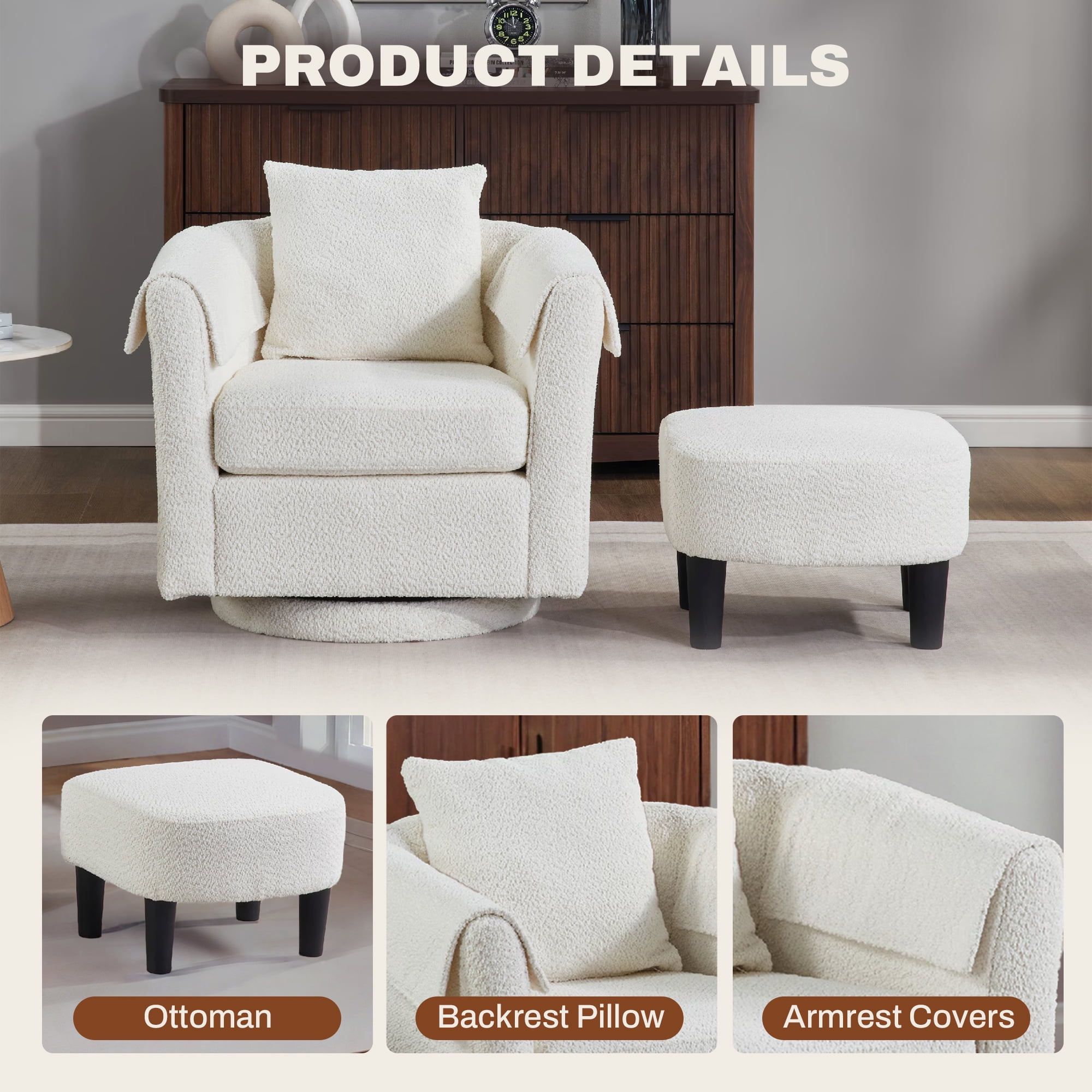 FunniHomi 18.5"D x 18.9"W Small Swivel Accent Chair, Upholstered Round Barrel Chair with Removable Back Pillow, Ottoman Set and Armrest Covers for Kids and Teens, White