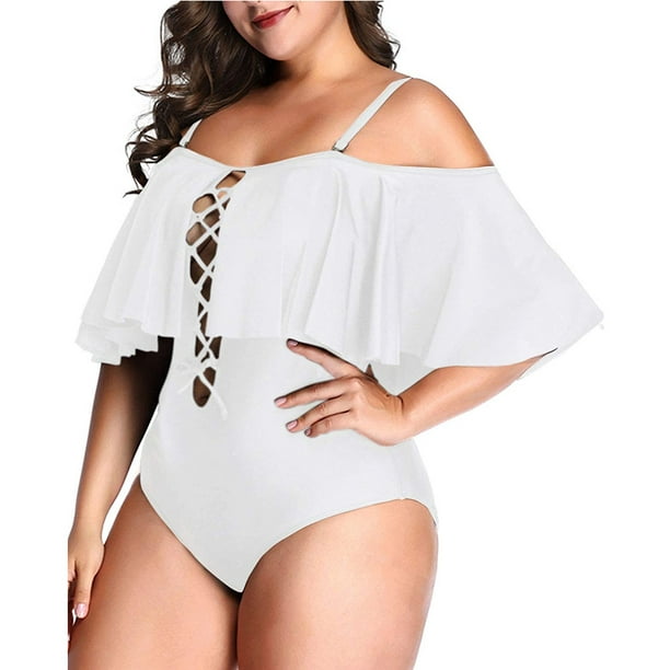 Women Black Plus Size One Piece Swimsuits Tummy Control  Ruffle Off Shoulder Bathing Suits 18 Plus