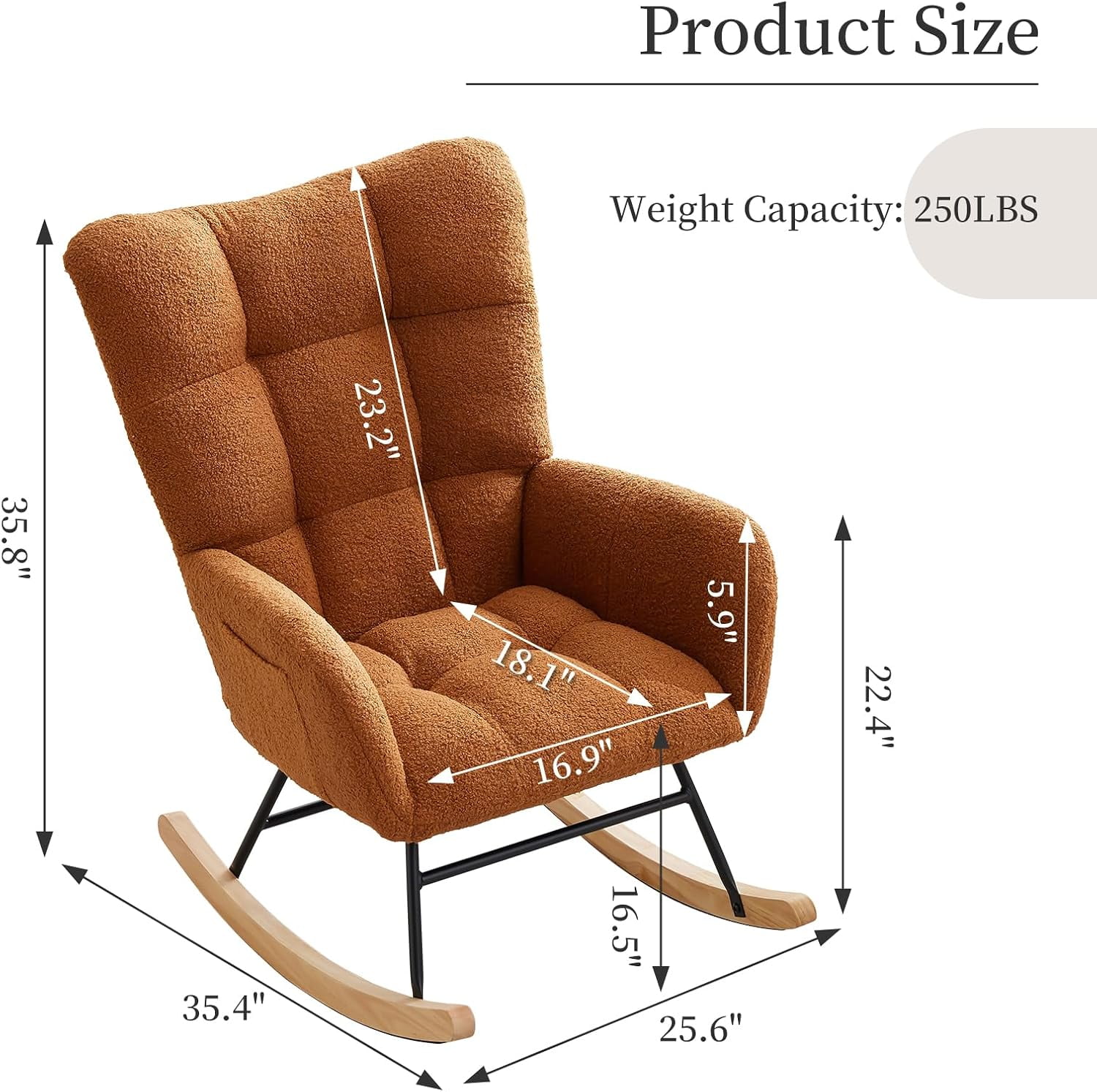 Teddy Fabric Nursery Rocking Chair w/ High Backrest & Side Pockets, Glider for Breastfeeding, Living Room