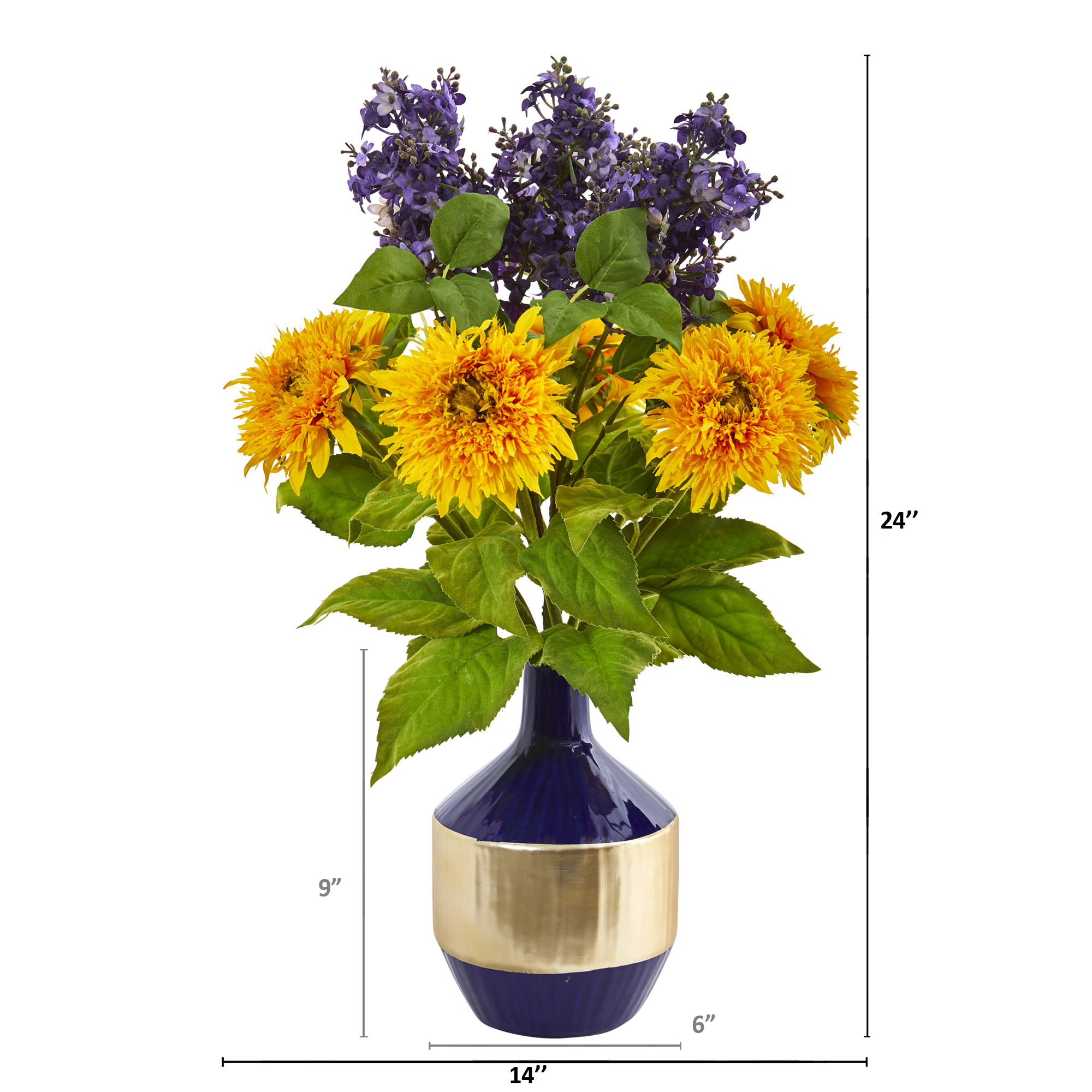Nearly Natural Sunflower and Lilac Artificial Arrangement in Blue and Gold Vase