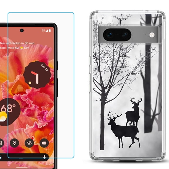 Slim-Fit Gel TPU Phone Case for Google Pixel 7, with Tempered Glass Screen Protector, by OneToughShield ® - Forest Deer