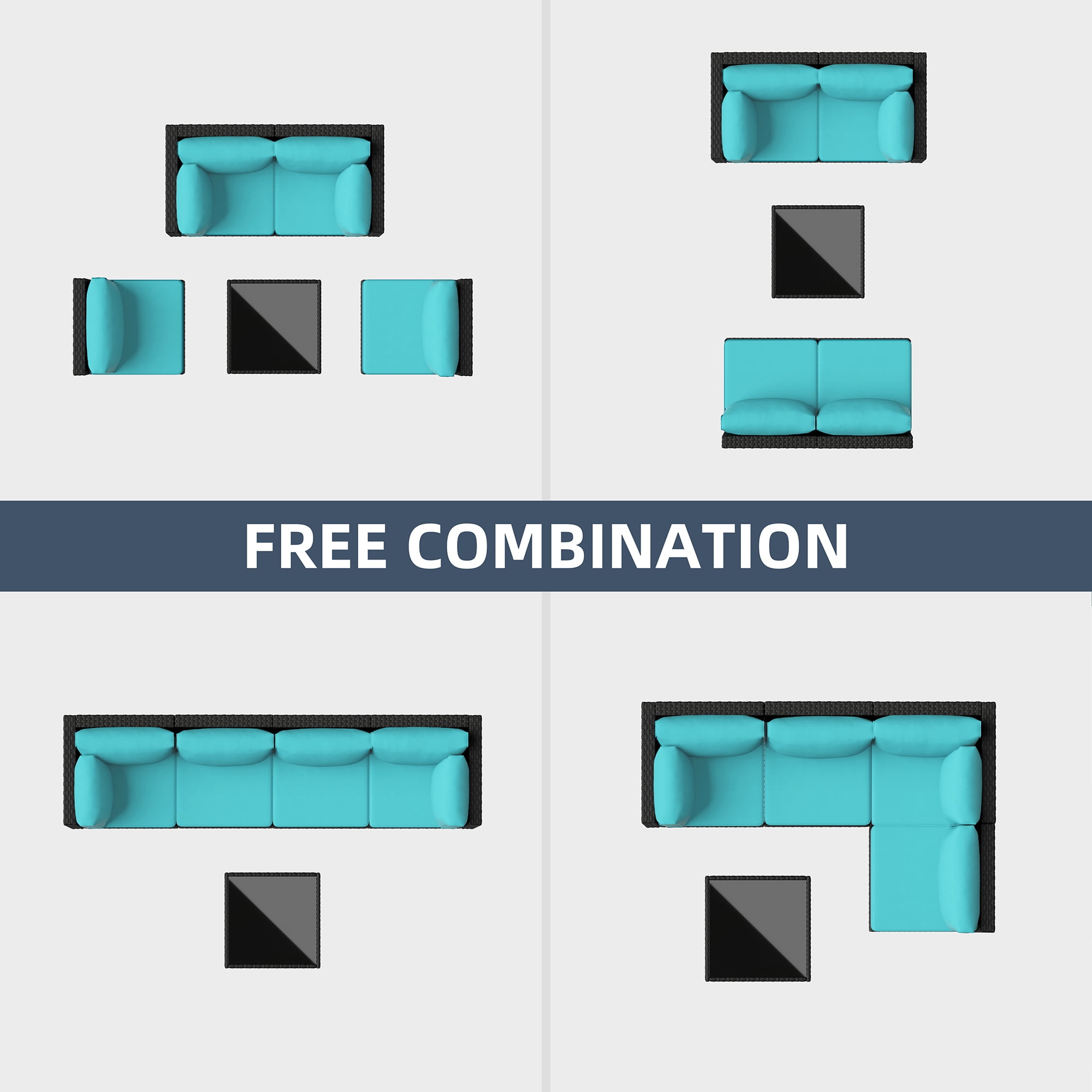 Walsunny 5 Pieces Outdoor Furniture Patio Sectional Sofa Set, Wicker Rattan Conversation Sets with Cushions and Glass Table, Black Rattan Blue Cushions