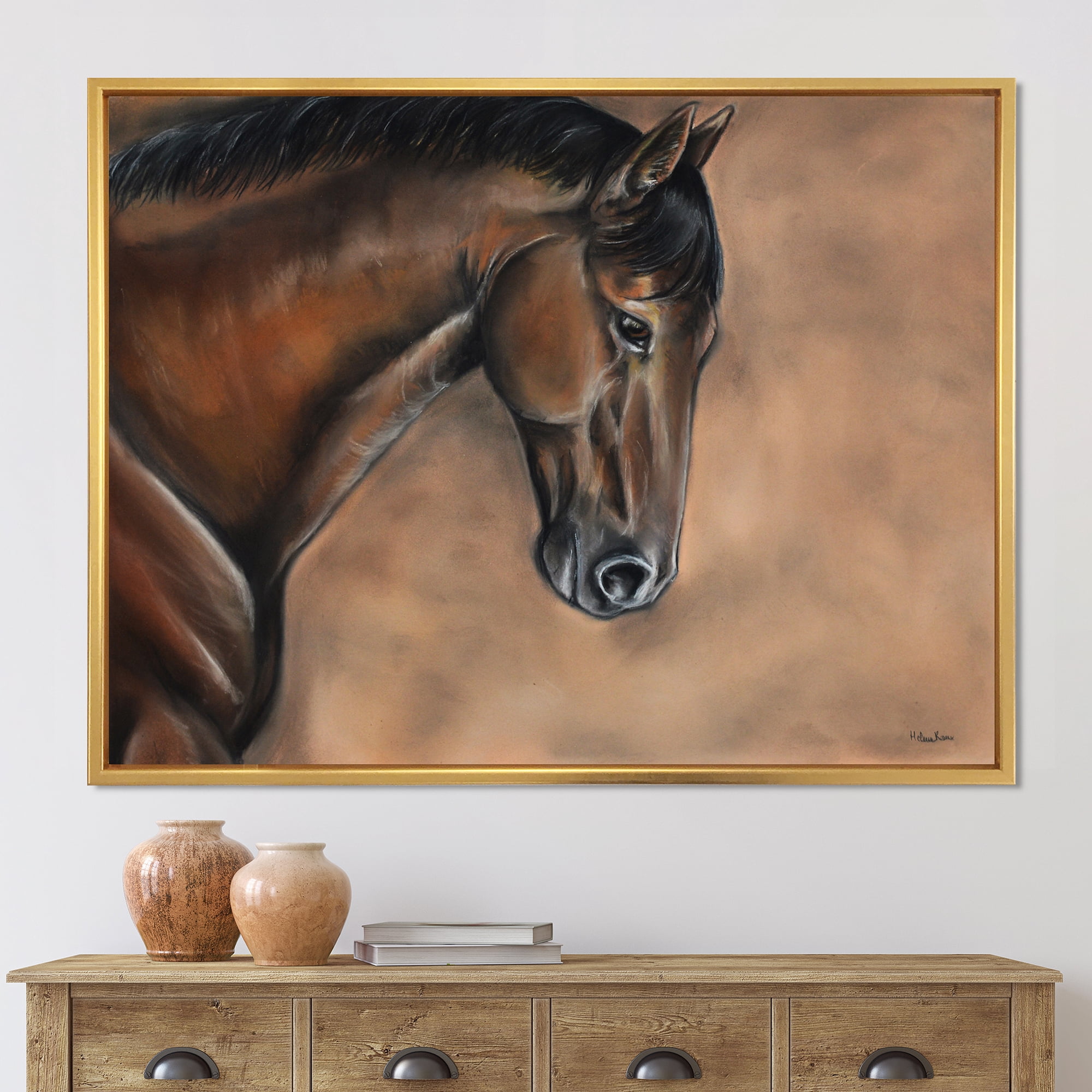 Close Up Portrait Of A Brown Bay Horse 32 in x 24 in Framed Photography Canvas Art Print, by Designart