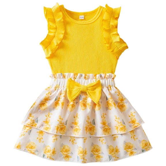 Splozh Toddler Tennis Skirt Toddler Girl Outfit Sleeveless Knit Tank Shirts Pleated Skirt 2Pcs Baby Girl Birthday Pink Dress Clothes Yellow,12-18 Months