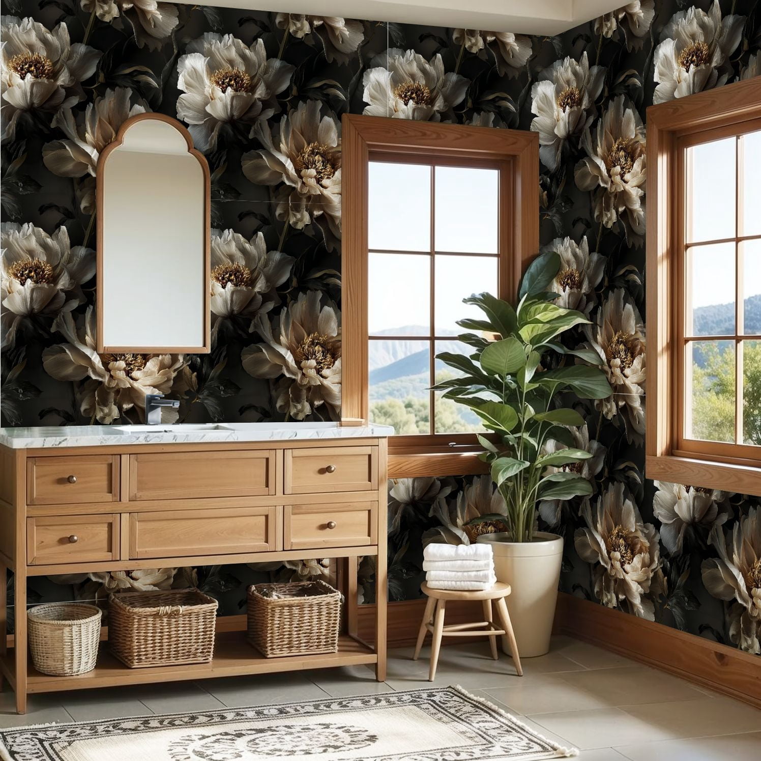 Peel and Stick Wallpaper Elegant Peony Flowers Soft Beige White Tones Dark Wall Mural 23.6in x 9.8ft Self Adhesive Removable Wall Paper Renter Friendly Wallpaper for Nursery Bedroom Cabinets