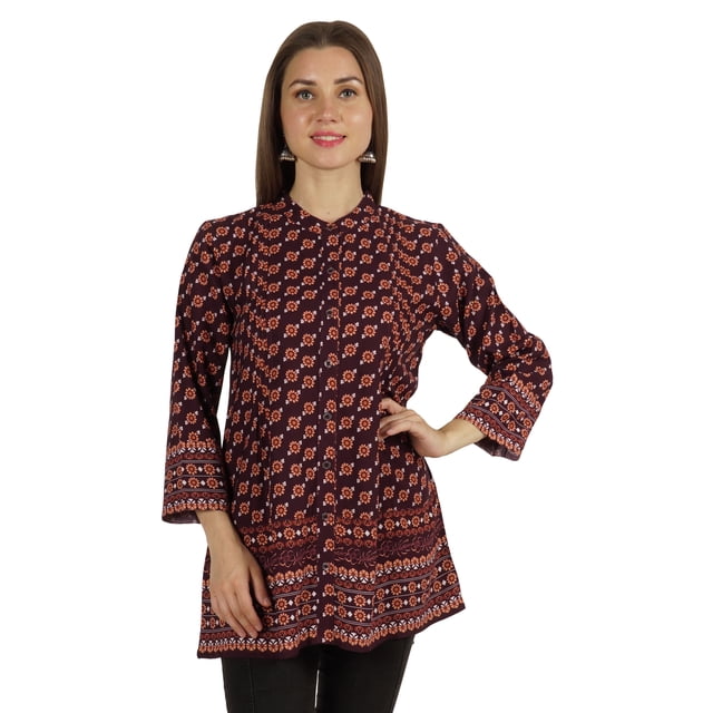 Moomaya Tunique Plissée à Col Mandarin Imprimé Haut Long Décontracté pour Leggings